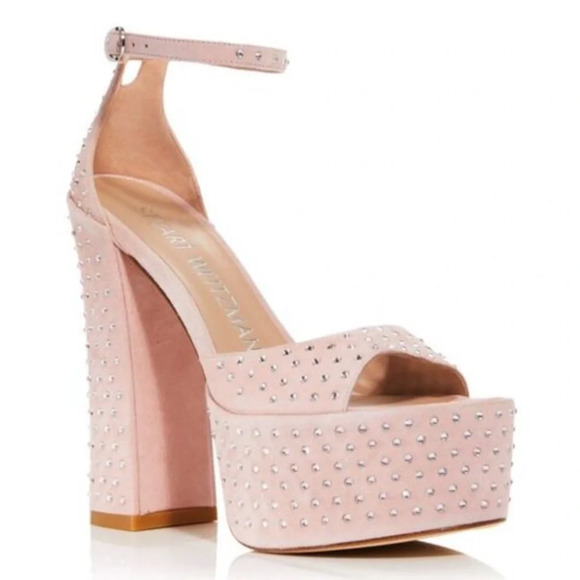 Stuart Weitzman rhinestone platform pink suede heels - Picture 2 of 7